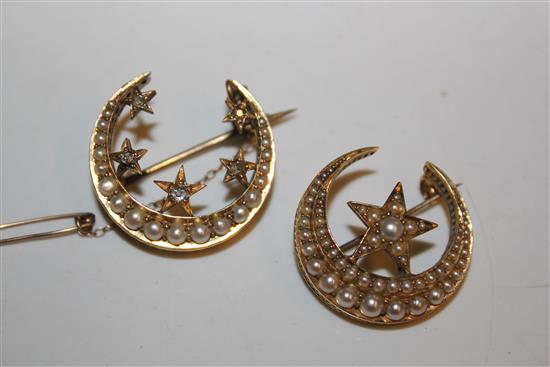 2 x gold and seed pearl crescent brooches